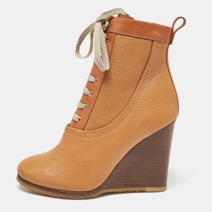 Chloe Brown Leather Lace Up Wedge Ankle Boots Size 37.5, Boots - Luxury Closet catalog