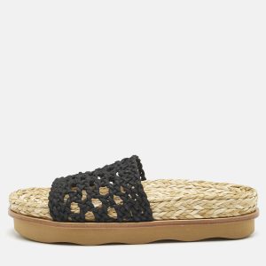 Chloe Black Woven Crochet Wavy Flat Slides Size 40, Flats - Luxury Closet