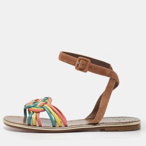 Christian Louboutin Multicolor Braided Leather and Suede Ella Flat Sandals Size 40, Sandals - Luxury Closet