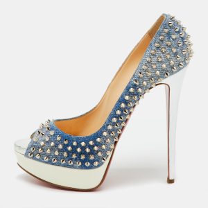 Christian Louboutin Blue/White Denim Spikes Lady Peep Platform Pumps Size 41, Pumps - Luxury Closet