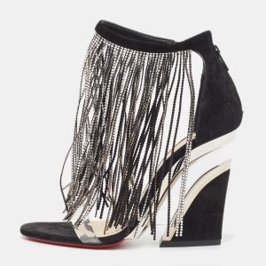 Christian Louboutin Black Suede Crystal Embellished Fringe Ankle Strap Sandals Size 36, Sandals - Luxury Closet