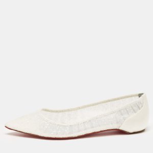 Christian Louboutin White Glitter Tulle Fabric and Satin Kate Ballet Flats Size 36.5, Flats - Luxury Closet