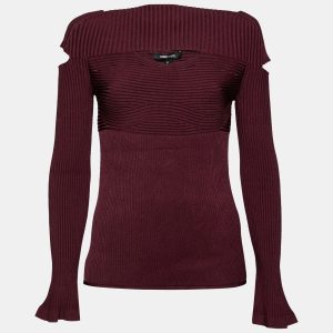 Cushnie et Ochs Burgundy Rib Knit Cut-Out Detail Sweater XL, Sweaters & Cardigans - Luxury Closet