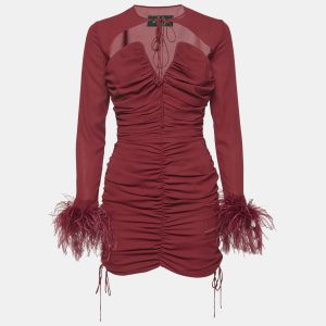 De La Vali Red Feather Trim Chiffon Ruched Mame Mini Dress M, Dresses - Luxury Closet catalog