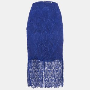 Diane Von Furstenberg Klein Blue Lace Overlay Tailored Pencil Skirt M, Skirts - Luxury Closet