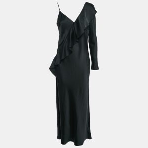 Diane Von Furstenberg Black Satin Ruffled One-Shoulder Long Dress M, Dresses - Luxury Closet