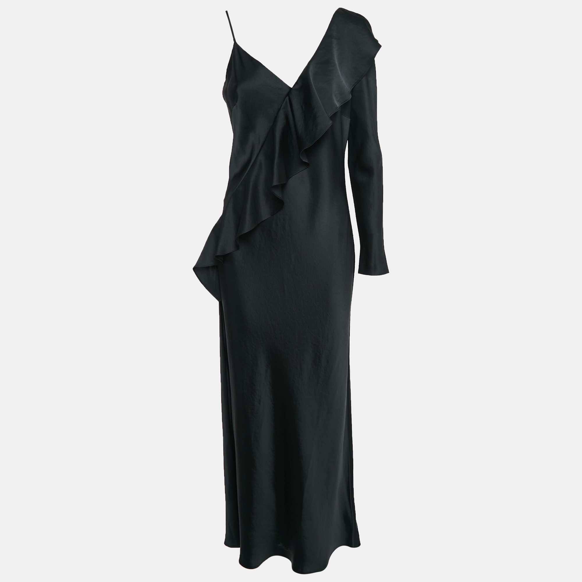 Diane Von Furstenberg Black Satin Ruffled One-Shoulder Long Dress M, Dresses - Luxury Closet