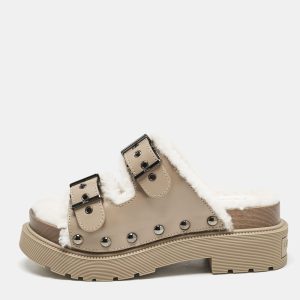 Dior Beige Leather and Shearling Fur Diorquake Strap Sandals Size 36, Sandals - Luxury Closet