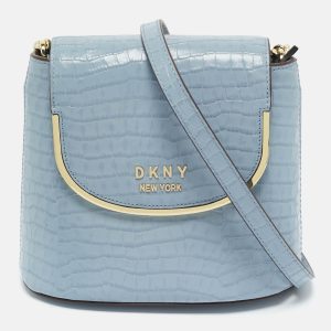 DKNY Light Blue Croc Embossed Leather Faith Flap Bucket Bag, Shoulder Bags - Luxury Closet catalog