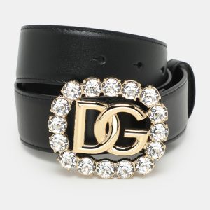 Dolce & Gabbana Black Leather Crystal Embellished Logo Belt 65CM, Belt Buckles - Luxury Closet catalog