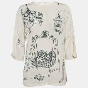 Dolce & Gabbana Off White Bird Cage Print Silk Blouse S, Shirts & Tops - Luxury Closet