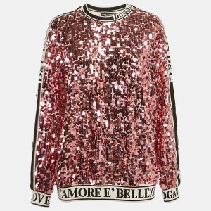 Dolce & Gabbana Pink Sequin Tulle Logo Detail Pullover S, Sweaters & Cardigans - Luxury Closet
