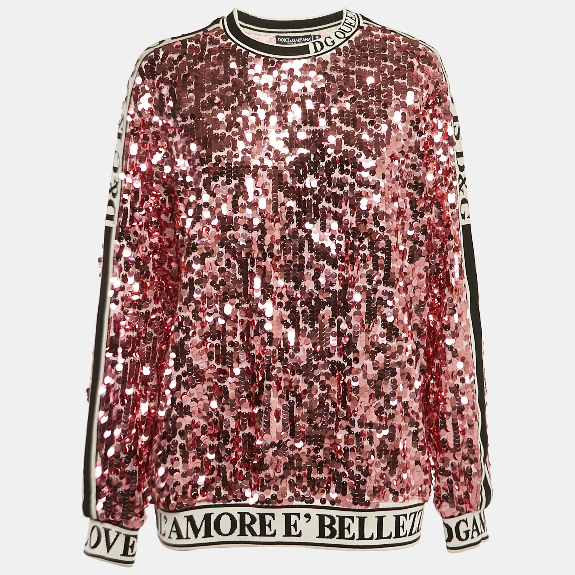 Dolce & Gabbana Pink Sequin Tulle Logo Detail Pullover S, Sweaters & Cardigans - Luxury Closet
