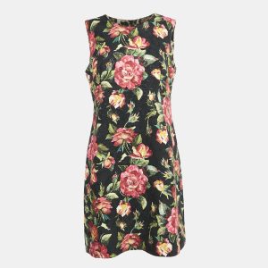 Dolce & Gabbana Black Floral Print Jacquard Cotton Blend Sleeveless Mini Dress L, Dresses - Luxury Closet