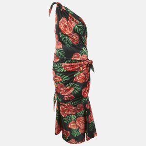 Dolce & Gabbana Black Printed Satin Silk One-Shoulder Tie-Up Detail Midi Dress L, Dresses - Luxury Closet