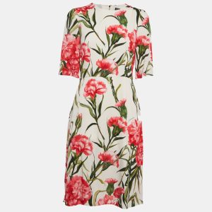 Dolce & Gabbana White Floral Silk Midi Dress M, Dresses - Luxury Closet