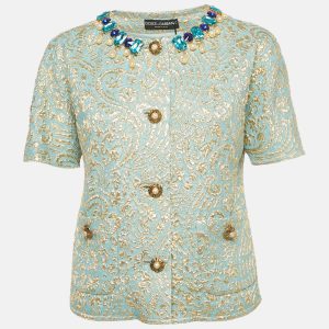 Dolce & Gabbana Blue Crystal Embellished Brocade Blouse M, Shirts & Tops - Luxury Closet