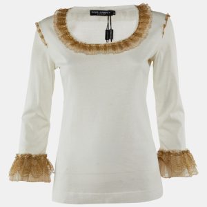 Dolce & Gabbana Off-White Cotton Blend Knit Ruffled Top M, Shirts & Tops - Luxury Closet