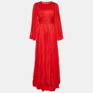 Dolce & Gabbana Red Chiffon Pleated Long Dress S, Dresses - Luxury Closet