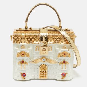 Dolce & Gabbana Gold/White Acrylic and Snakeskin Castle Dolce Box Top Handle Bag, Satchels - Luxury Closet
