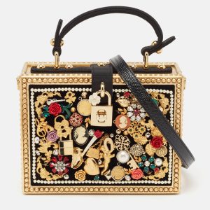 Dolce & Gabbana Gold/Black Acrylic and Fabric Embellished Dolce Box Top Handle Bag, Satchels - Luxury Closet