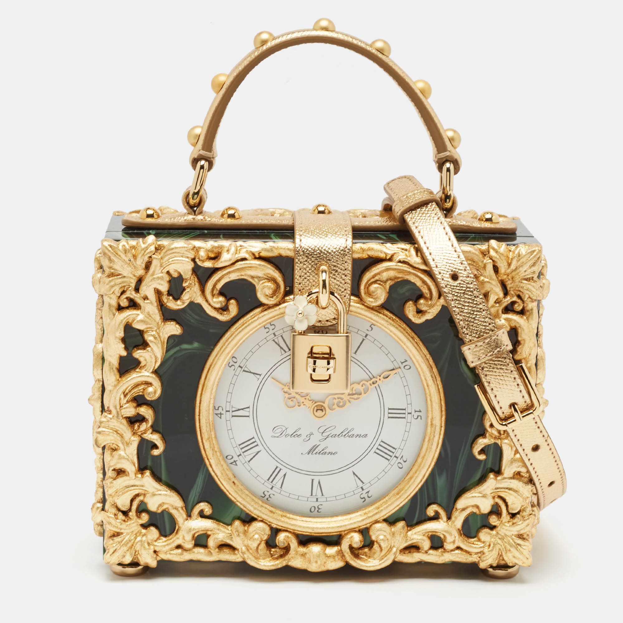 Dolce & Gabbana Gold/Green Acrylic and Leather Orologio Barocco Dolce Box Bag, Satchels - Luxury Closet catalog