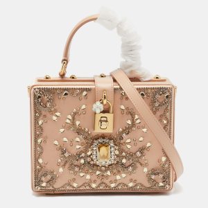 Dolce & Gabbana Beige Satin and Leather Crystal Embellished Rosaria Box Top Handle Bag, Satchels - Luxury Closet catalog
