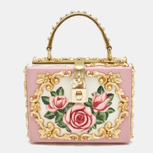 Dolce & Gabbana Pink/Gold Roses Baroque Acrylic Dolce Box Top Handle Bag, Satchels - Luxury Closet catalog
