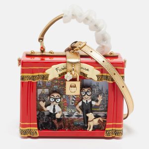Dolce & Gabbana Red/Gold Acrylic and Leather Fashion House Dolce Box Top Handle Bag, Satchels - Luxury Closet