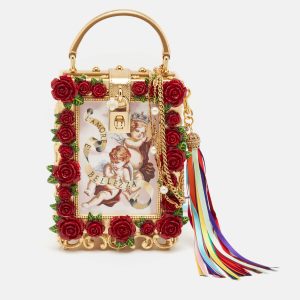 Dolce & Gabbana Gold/Red Rose Wood L'amore e' Bellezza Dolce Box Top Handle Bag, Handbags - Luxury Closet