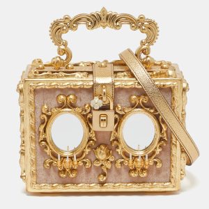 Dolce & Gabbana Gold/Beige Wood and Velvet Mirror Box Regine Top Handle Bag, Satchels - Luxury Closet
