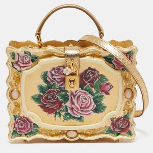 Dolce & Gabbana Gold/Red Rose Painted Wood Dolce Box Top Handle Bag, Satchels - Luxury Closet
