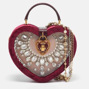Dolce & Gabbana Burgundy Velvet & Snakeskin Crystal My Heart Box Top Handle Bag, Satchels - Luxury Closet catalog
