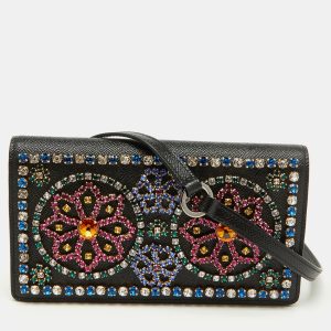 Dolce & Gabbana Black Leather Crystal Embellished Flap Crossbody Bag, Handbags - Luxury Closet