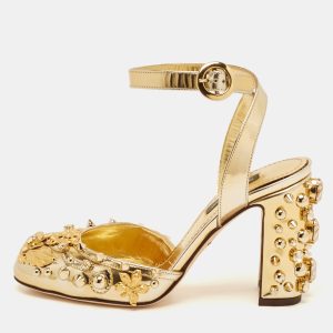 Dolce & Gabbana Gold Leather Embellished Ankle Wrap Sandals Size 35, Sandals - Luxury Closet catalog
