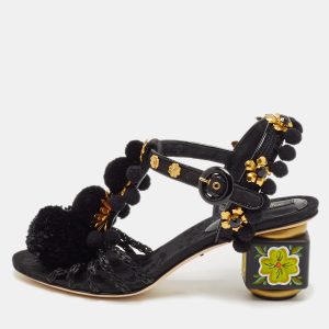 Dolce & Gabbana Black Fabric and Raffia Pom Pom Embellished T-Strap Sandals Size 35, Sandals - Luxury Closet