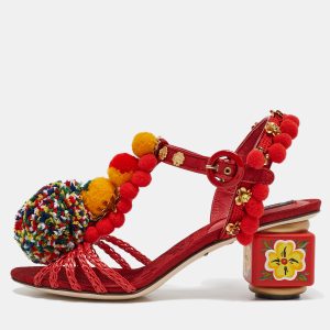 Dolce & Gabbana Red Fabric and Raffia Pom Pom Embellished T-Strap Sandals Size 35, Sandals - Luxury Closet