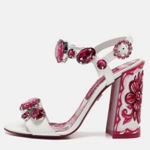 Dolce & Gabbana White Patent Leather Crystal Embellished Keira Ankle Strap Sandals Size 39, Sandals - Luxury Closet