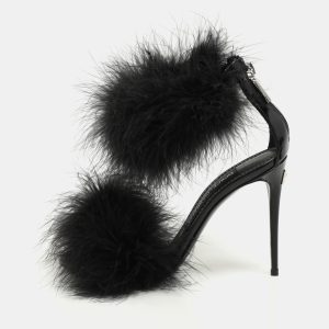 Dolce & Gabbana Black Patent Leather and Turkey Feather Ankle Strap Sandals Size 36, Sandals - Luxury Closet