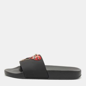 Dolce & Gabbana Black Rubber and Leather Patch Pool Slides Size 37, Sandals - Luxury Closet