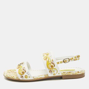 Dolce & Gabbana Yellow/White Majolica Print Leather Flat Sandals Size 37, Sandals - Luxury Closet
