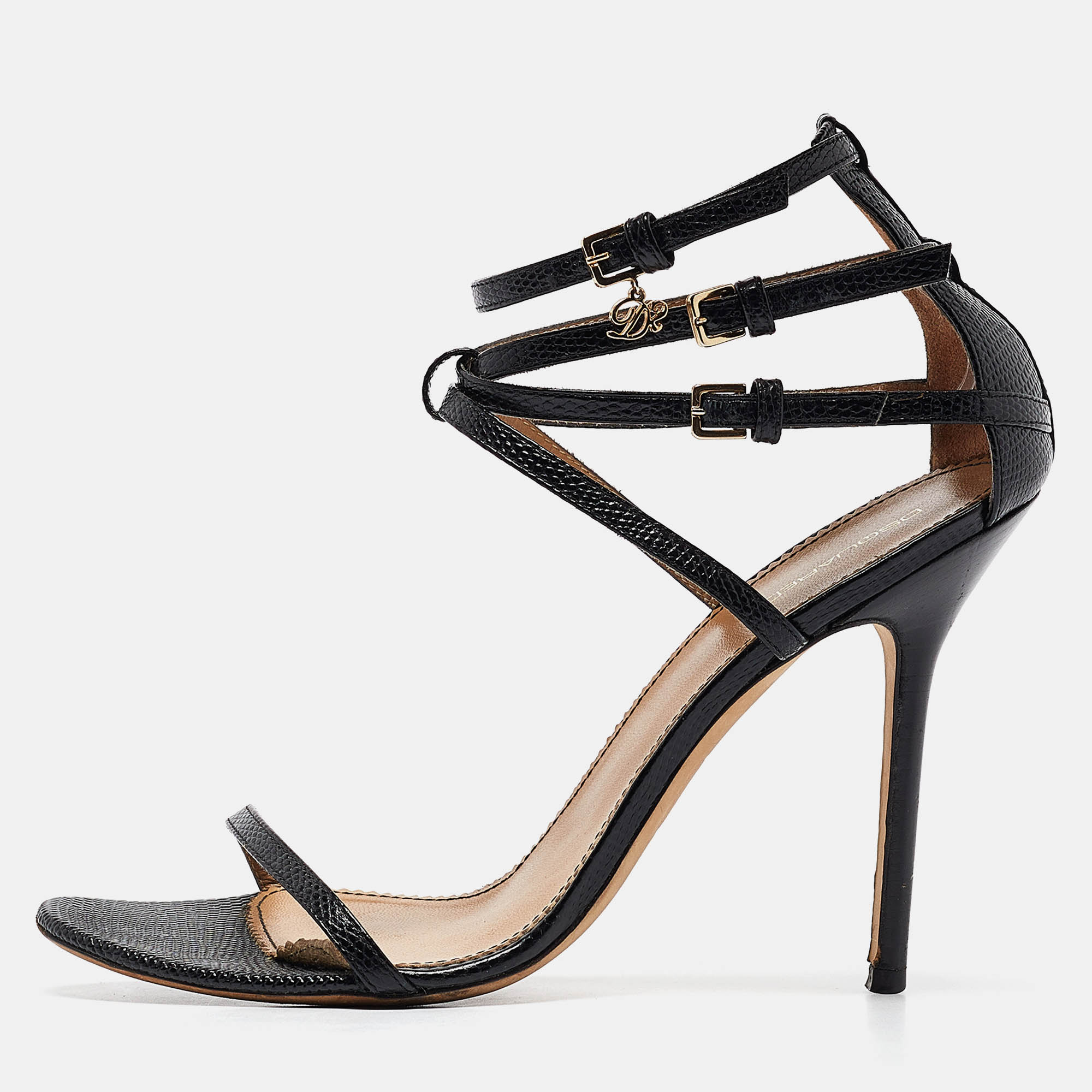 Dsquared2 Black Lizard Embossed Leather Ankle Strap Sandals Size 40, Sandals - Luxury Closet catalog