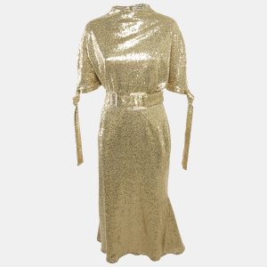 Edel'ine L'ee Gold Sequin Belted Pedernal Dress S, Dresses - Luxury Closet