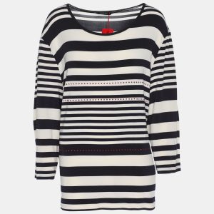 Elena Miro Blue/Cream Striped Jersey Embellished Full Sleeve T-Shirt XL, Shirts & Tops - Luxury Closet