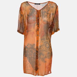 Elena Miro Orange Printed Chiffon Blouse L, Shirts & Tops - Luxury Closet