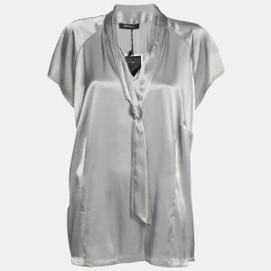 Elena Miro Grey Stretch Satin Neck Tie Top XXL, Shirts & Tops - Luxury Closet