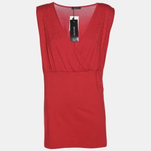Elena Miro Red Jersey Crystal Embellished V Neck Top L, Shirts & Tops - Luxury Closet