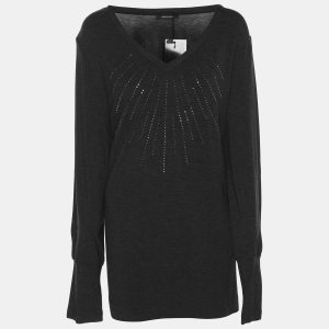 Elena Miro Dark Grey Jersey Embellished V Neck Top XXL, Shirts & Tops - Luxury Closet