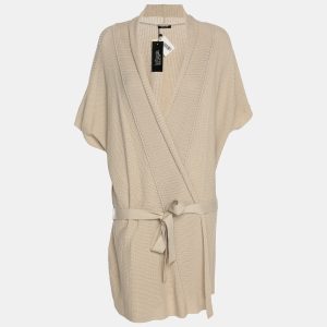 Elena Miro Beige Stretch Knit Belted Long Cardigan L, Sweaters & Cardigans - Luxury Closet catalog