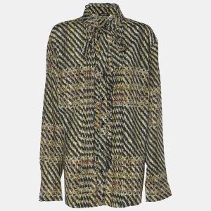 Elena Miro Multicolor Tweed Print Crepe Pintuck Neck Tie Shirt L, Shirts & Tops - Luxury Closet